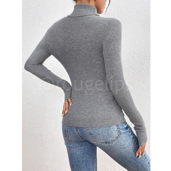 Gray Sweater Top Rib-Knit High Neck, Turtleneck  Long Sleeve Slim Fit - Picture 4 of 8